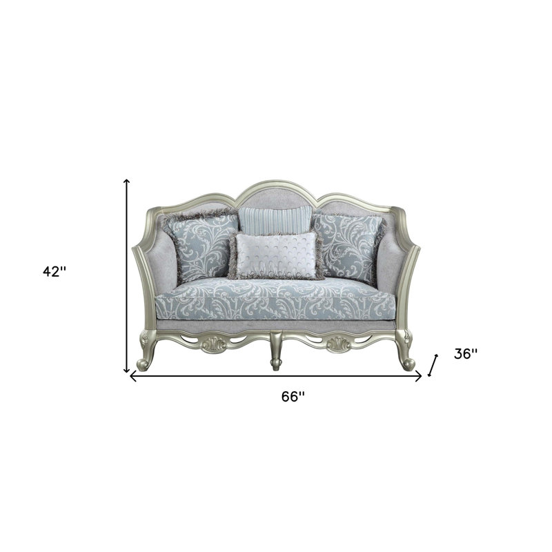 66" Light Grey Damask Linen And Curved Loveseat and Toss Pillows