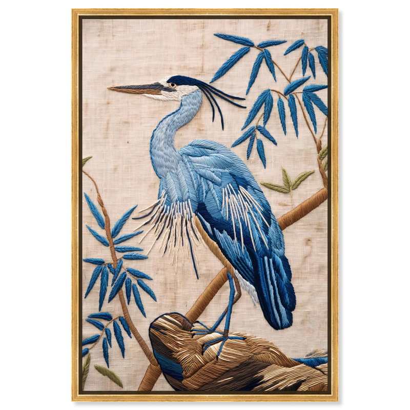 «Needlework Heron», toile élégante par Art Remedy, Cadre doré, H 55 po x l 37 po