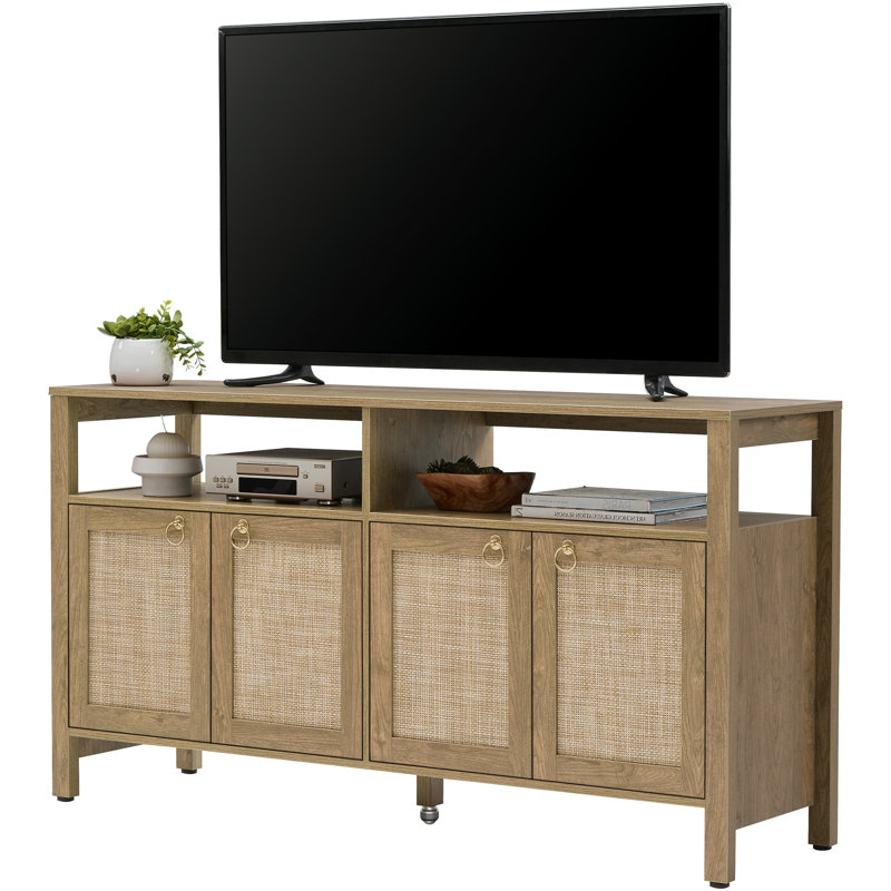 Pomodoro Boho TV Stand With 4 Rattan Storage Cabinets, Farmhouse TV Entertainment Center For Tvs Up To 65'', Carbon Cherry