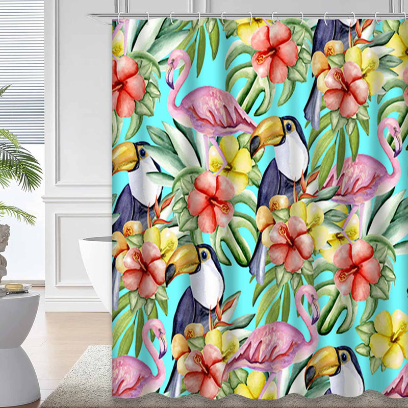 Aquarelle de fleurs tropicales à la menthe sans soudure, flamant rose, 12 crochets, L 72 po x l 84 po