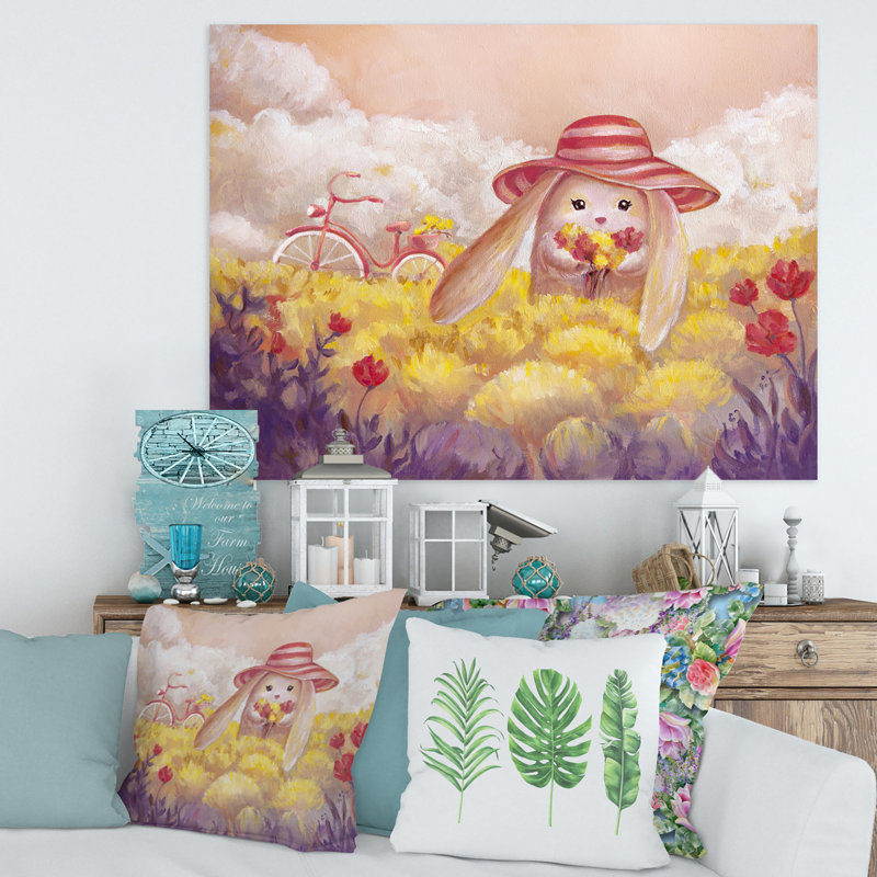 Petit lapin avec des fleurs - Peinture sur toile, H 16 po x l 32 po x p 1 po, Toile tendue