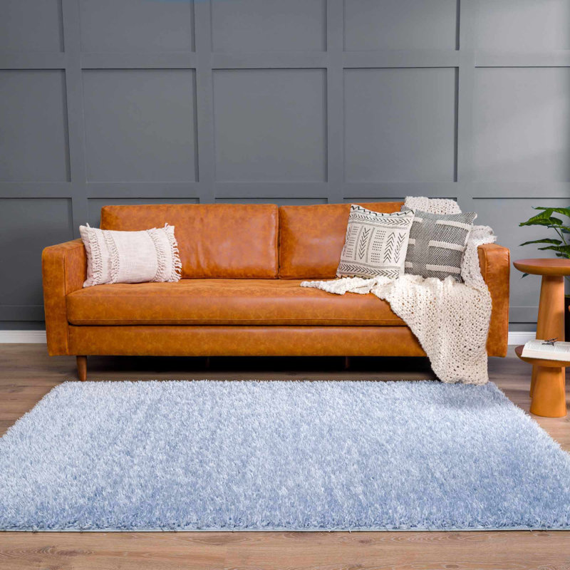Tapis bleu uni en polyester tissé à la machine Ayonah, Rectangle 6 pi 7 po x 9 pi