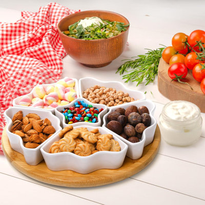 Assiettes et plateaux tournants, plateau tournant, plateaux diviseurs à 7 sections, bols amovibles en céramique de 11 pouces, utilisés pour contenir les croustilles, les fruits, les noix, les bonbons et les collations