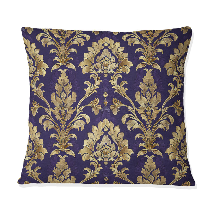 Coussin décoratif damassé traditionnel mauve et or royal I, H 16 po x l 16 po