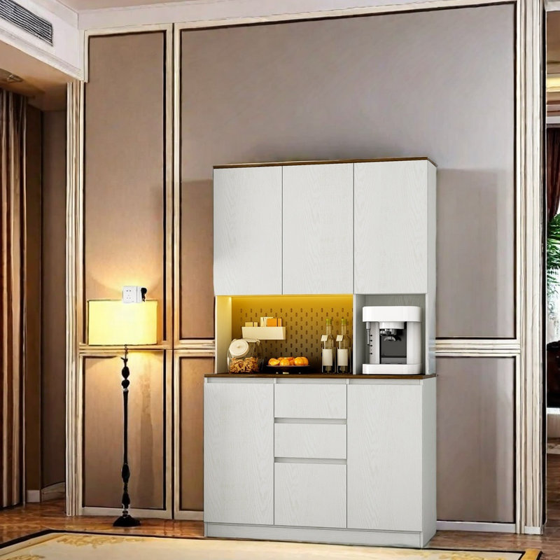 Armoire de cuisine autoportante avec 3 prises de courant alternatif et 2 ports USB, buffet moderne avec tiroir, lumières à DEL et support pour micro-ondes, armoires de buffet pour la cuisine