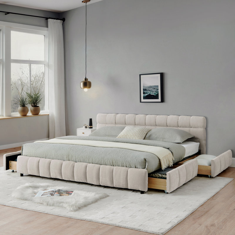 California King Chenille Upholstered Platform Bed with Storage Drawers-Beige, Beige