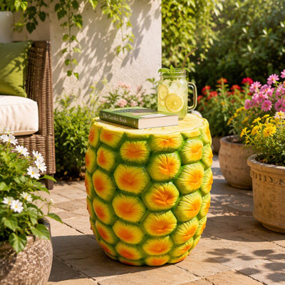 14" Oversized Pineapple Resin Garden Stool, Side Table & Plant Stand, Yellow