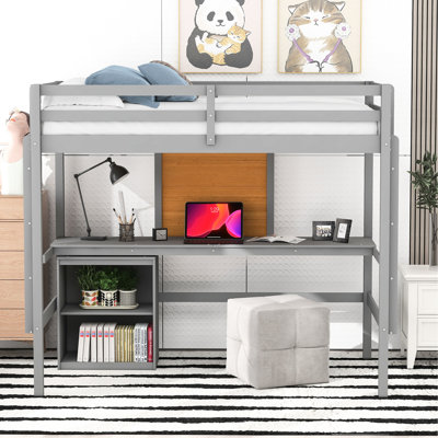 Lit mezzanine en bois gris avec bureau et 2 tiroirs d'armoire - Offre une solution élégante pour les chambres à coucher