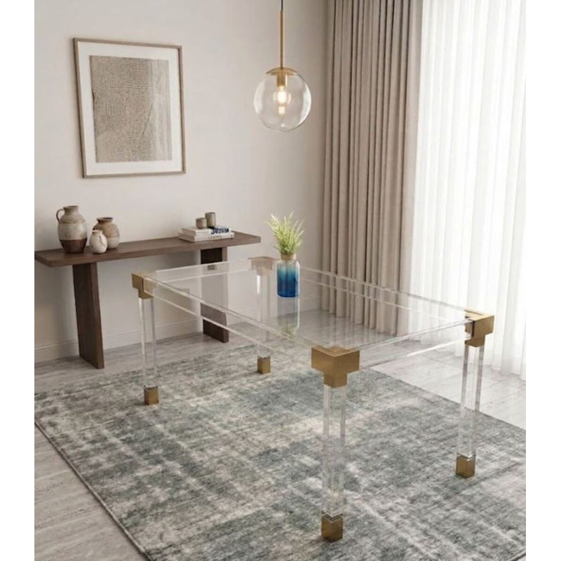 Audley Modern Acrylic & Glass Dining Table – Brushed Brass Details, Clear Finish, Clear/Brass