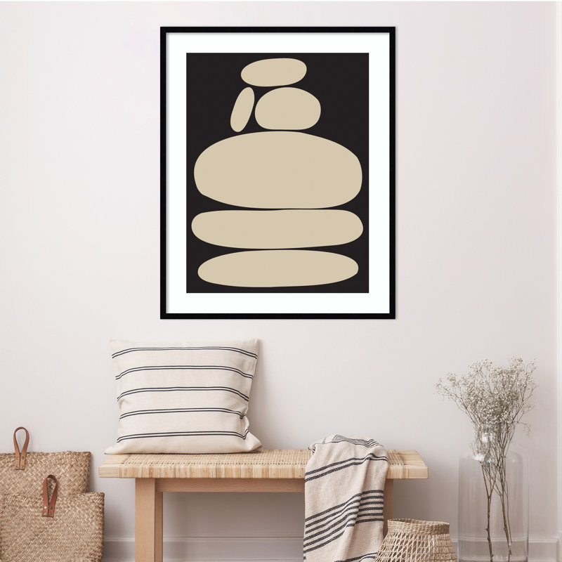 Zen River Rocks Black And Tan by The Creative Bunch Studio, 41" H x 33" W, Black Framed