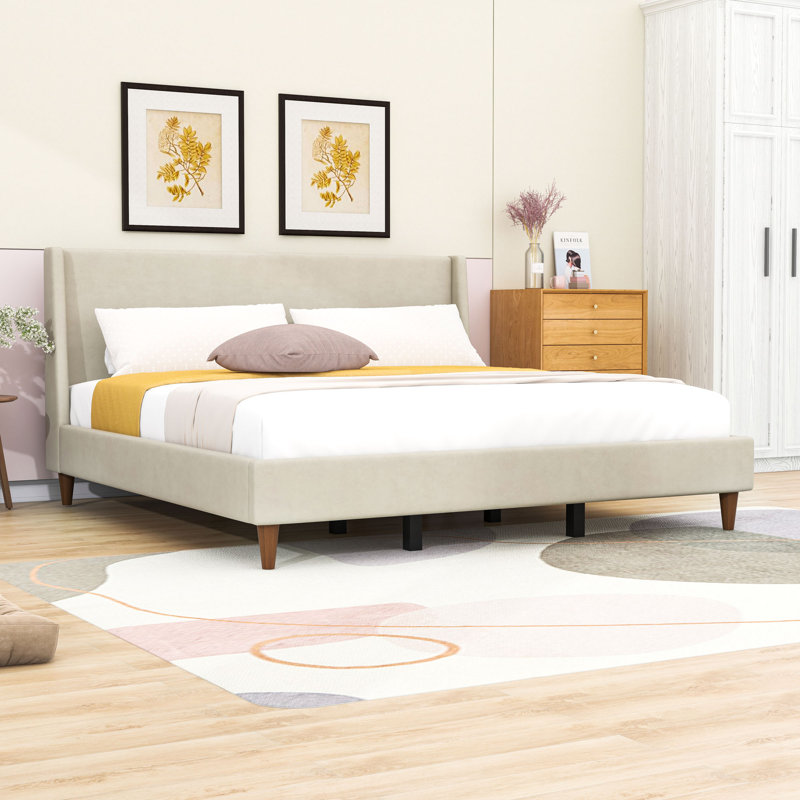 Lit plateforme tapissier avec tête de lit et pieds en bois, Très grand
