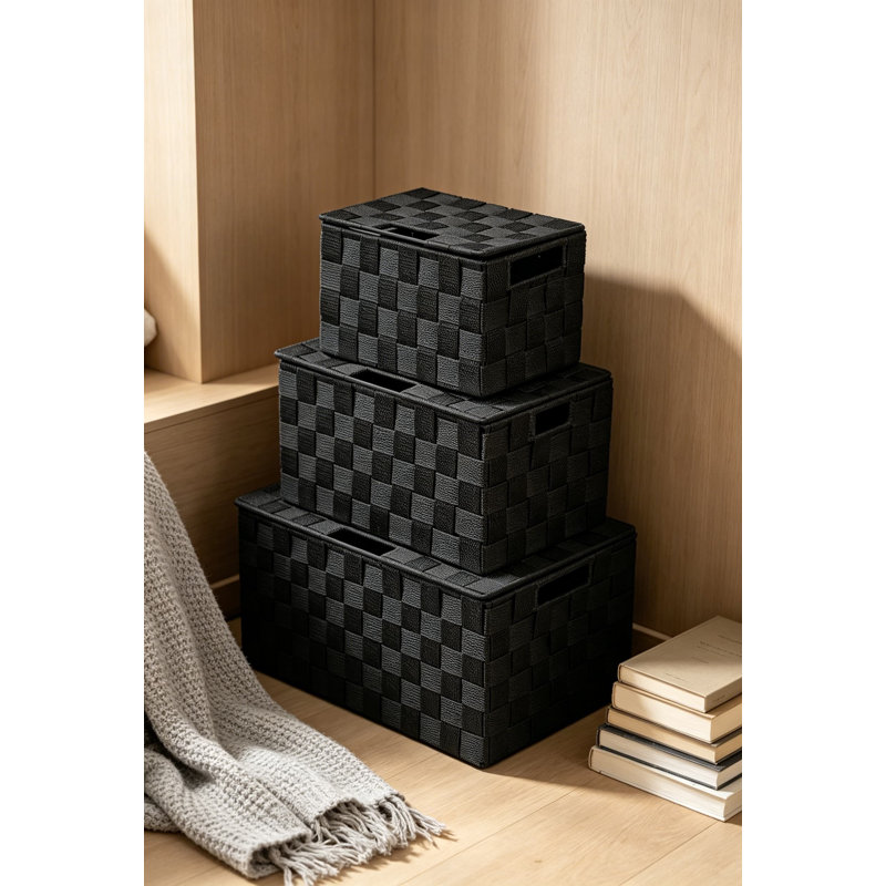 Ensemble de 3 paniers de rangement tissés noirs avec couvercles