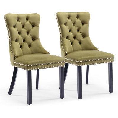 Friedrun Velvet Dining Chair Tufted Dining Room Chair with Solid Wood Leg