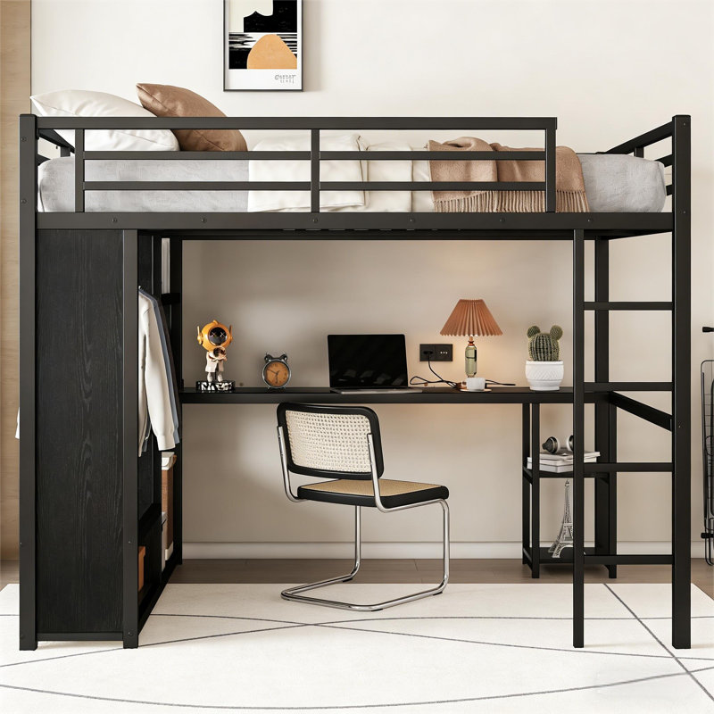 Structure de lit mezzanine en métal pour grand lit avec garde-robe intégrée, bureau et tablettes de rangement pour la chambre à coucher, conception peu encombrante