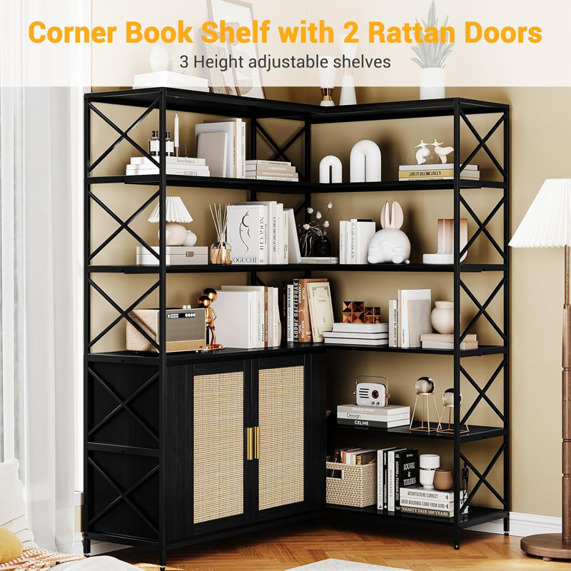 Bibliothèque d'angle avec portes en rotin - Bibliothèque en L à 6 niveaux, tablettes réglables pour le salon et la chambre à coucher