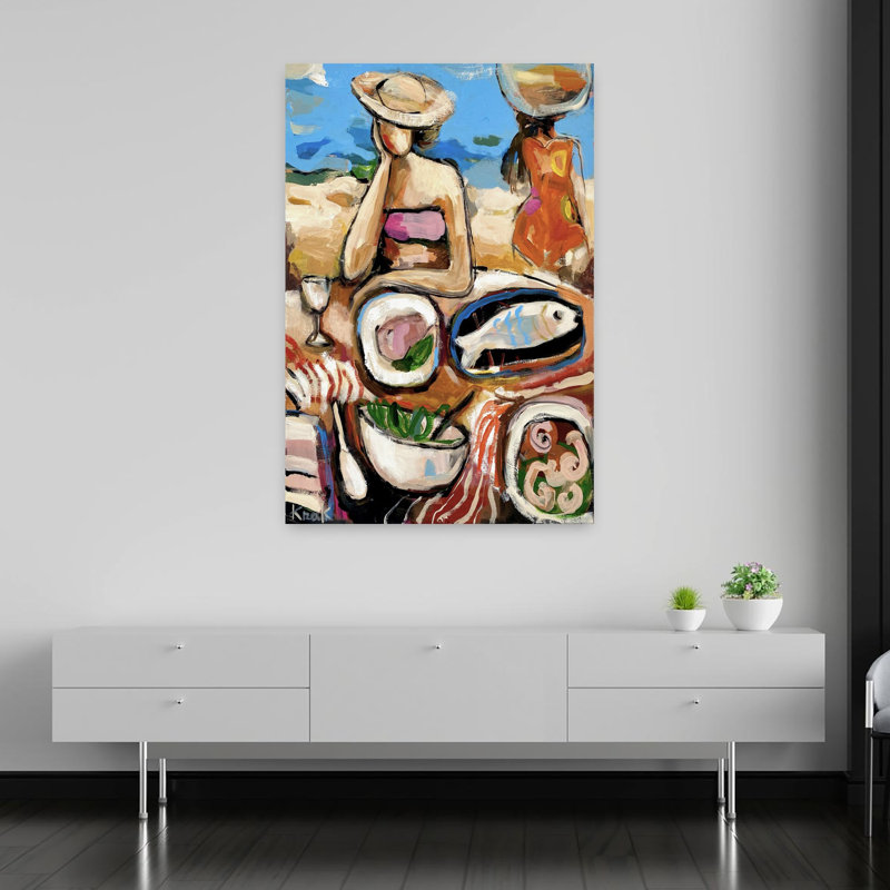 Art contemporain, art contemporain abstrait coloré, plage de poissons, H 60 po x l 40 po
