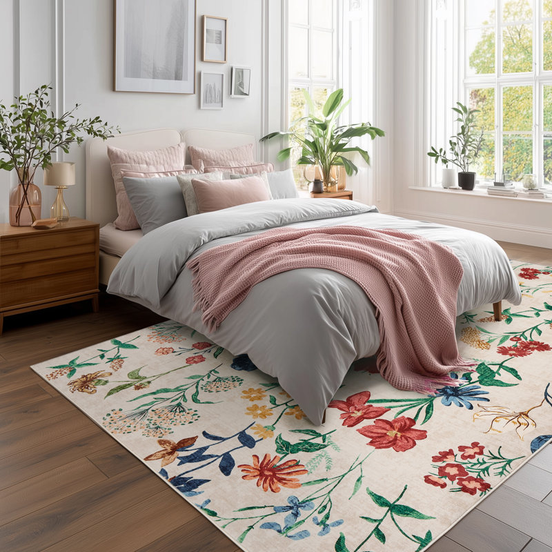 Area Rug for Living Room, Floral Washable Rugs, Low Pile, Soft Non-slip Vintage Carpet for Bedroom, Kitchen, Dining Room, Office