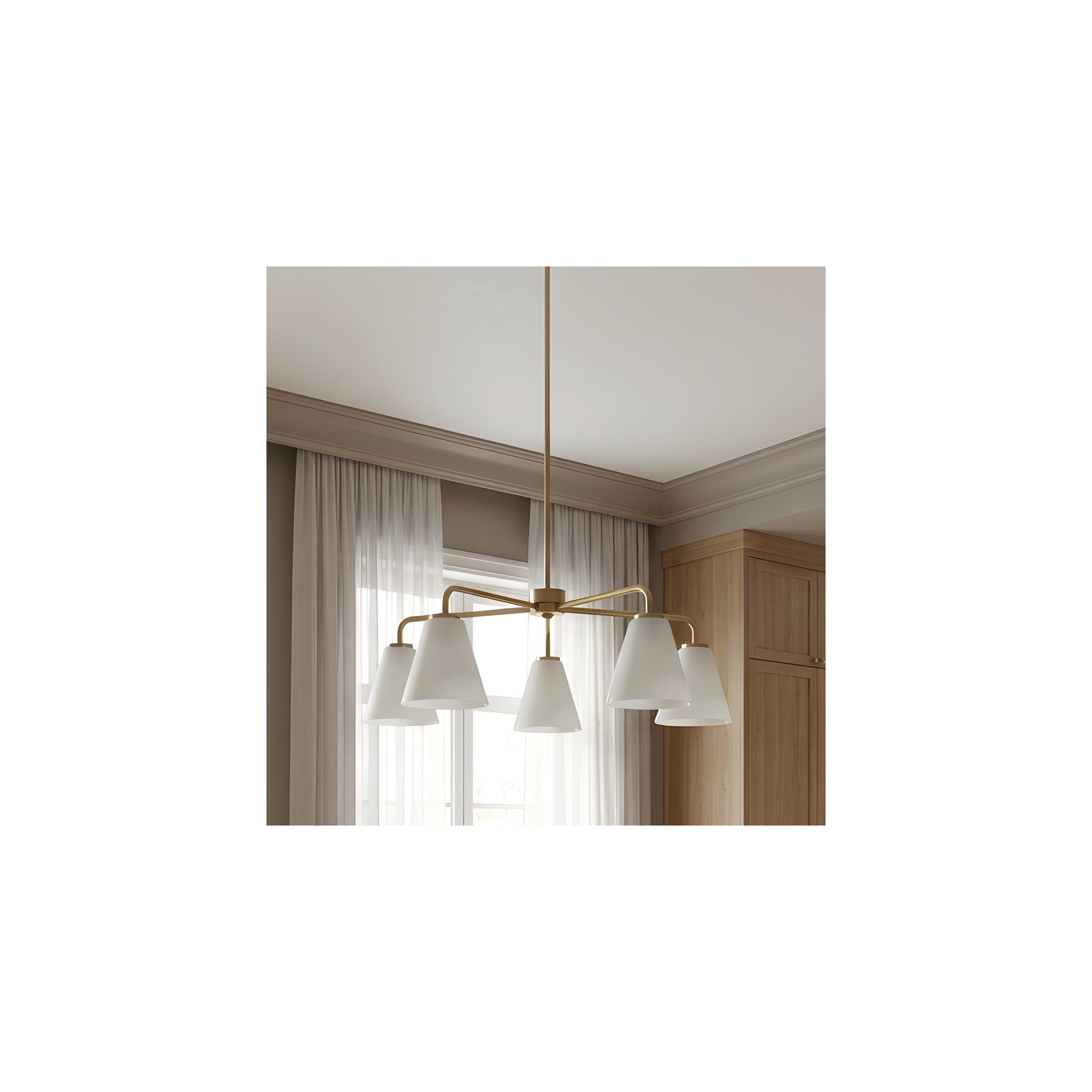 Hayden Five Light Chandelier, Satin Brass, White