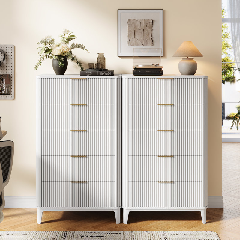 Fluted Dresser For Bedroom With Drawers Set Of 2, White
