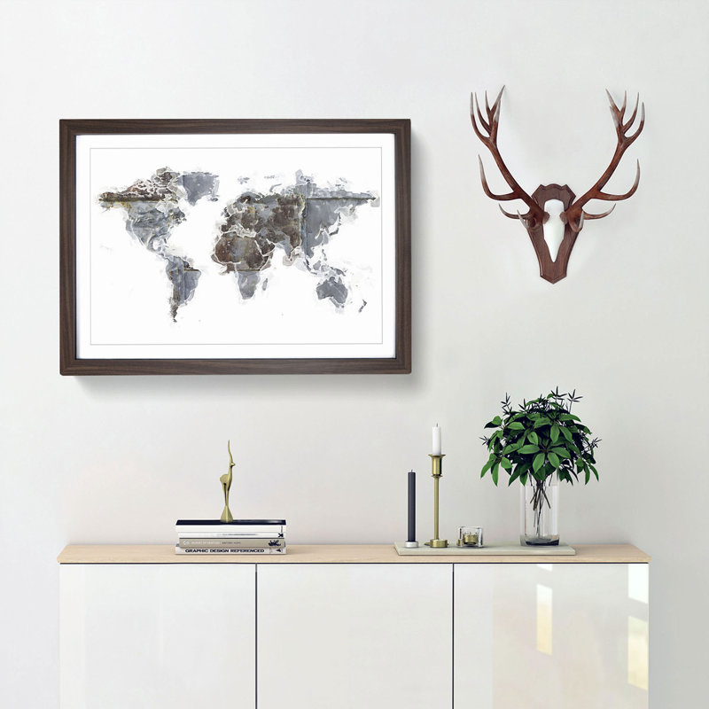 Rusted World Map in Abstract - Picture Frame Painting Print, Walnut, 40cm H x 60cm W x 2cm D