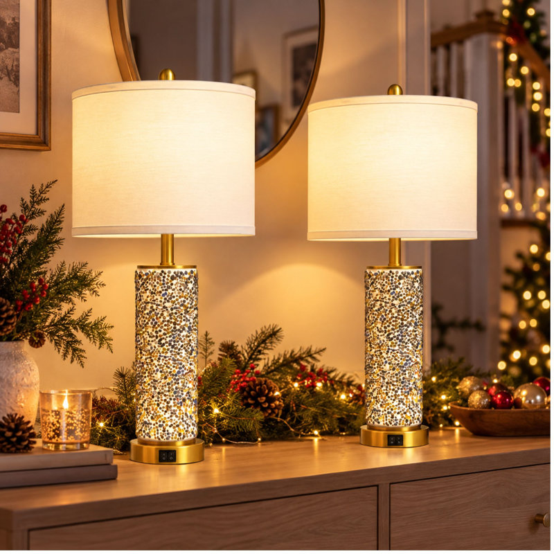 Lampes de table en mosaïque colorée de 29 po avec veilleuses intégrées, finitions en laiton et abat-jour en tissu blanc