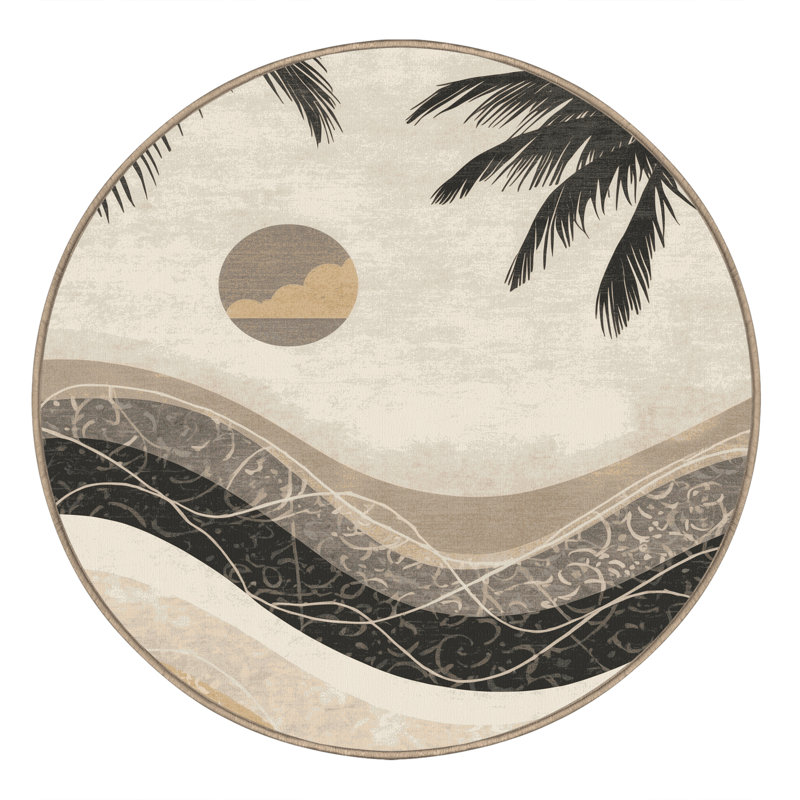 Tapis beige moelleux moelleux à motif ombré tropical - reliure beige, 6' Round