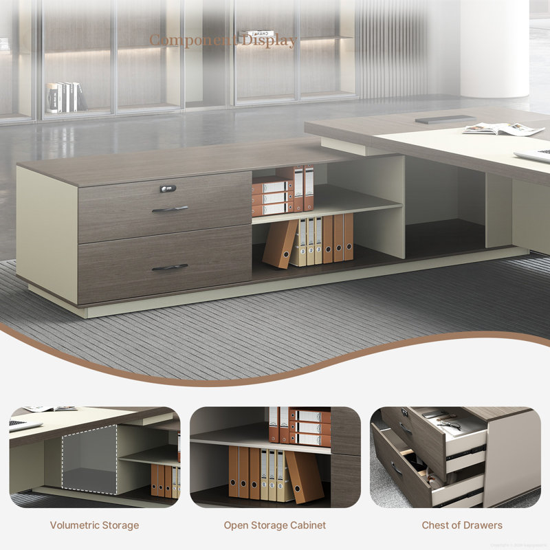 Bureau de direction ergonomique luxueux moderne en L avec rangement intégré et gestion de l'alimentation, Retour à gauche