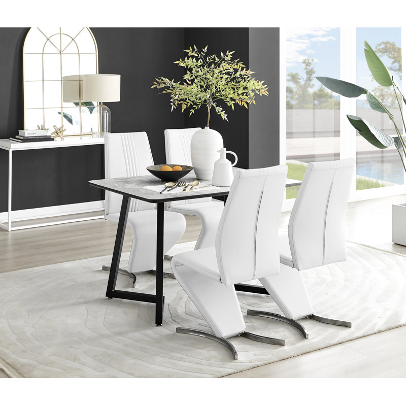 Industrial Design White & Grey Marble Effect Melamine Dining Table Set with 4 Faux Leather Chairs, White/Silver