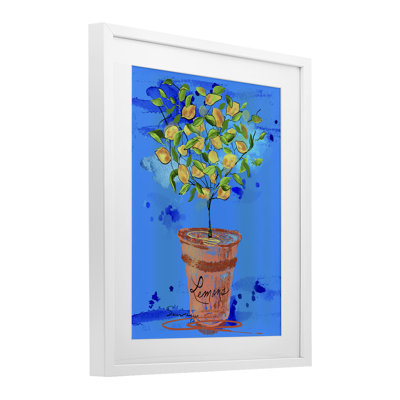 Potted Lemons Vivid Blue Framed Print Under Glass, design by Susan Lugar