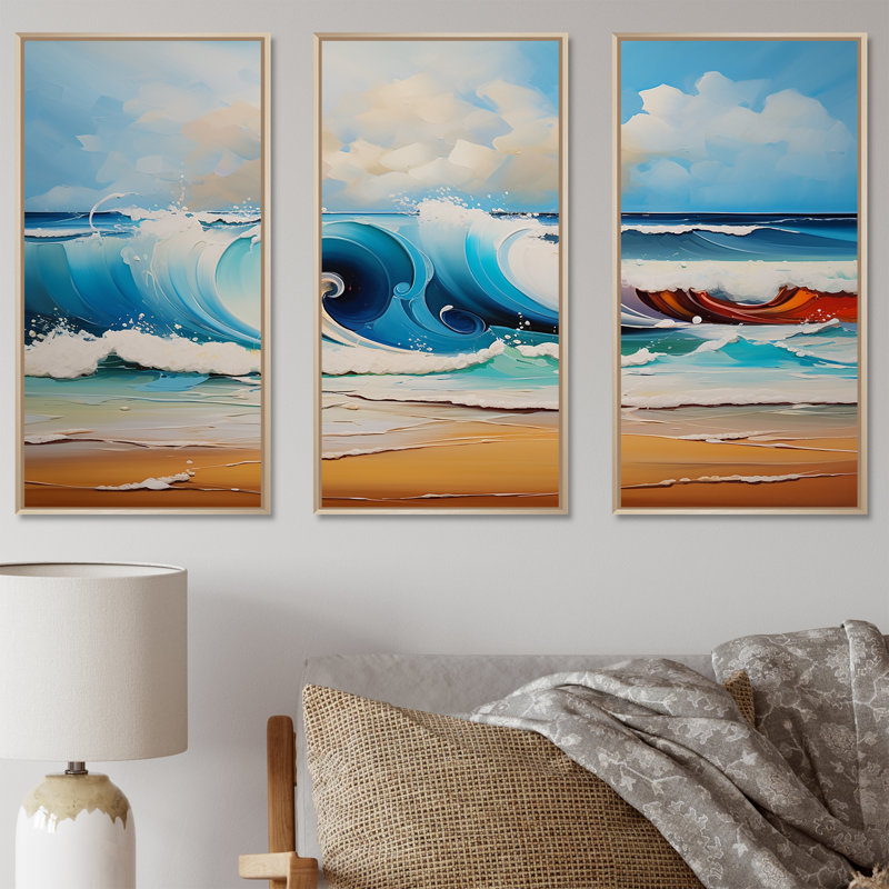 «Vibrant Beach Waves 2» - art mural vagues côtières, Cadre flottant brun, H 32 po x l 48 po x P 1 po