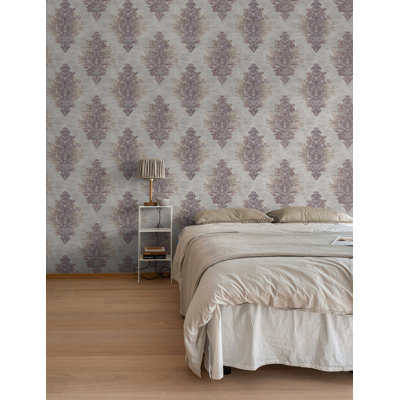 Seabrook Designs Smoke & Metallic Grape Lara Distressed Damask Unpasted Wallpaper