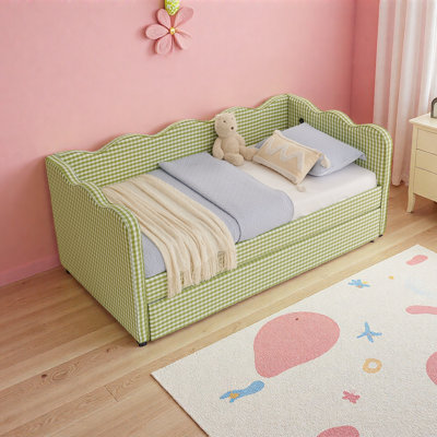 Cozy Gingham Daybed With Trundle Twin Size Sofa Bed No Box Spring Needed, With USB Port And Adorable Wave Shaped, Linen Fabric by Harper Orchard