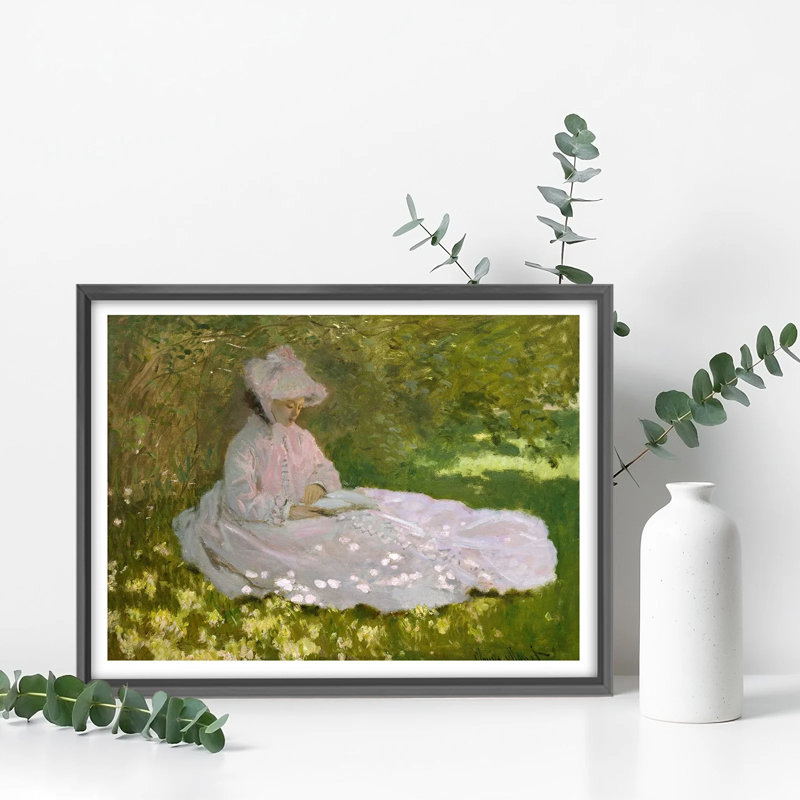 «Garden Lady», art mural de style impressionniste, peinture encadrée d'une femme lisant au printemps, H 16 po x l 24 po