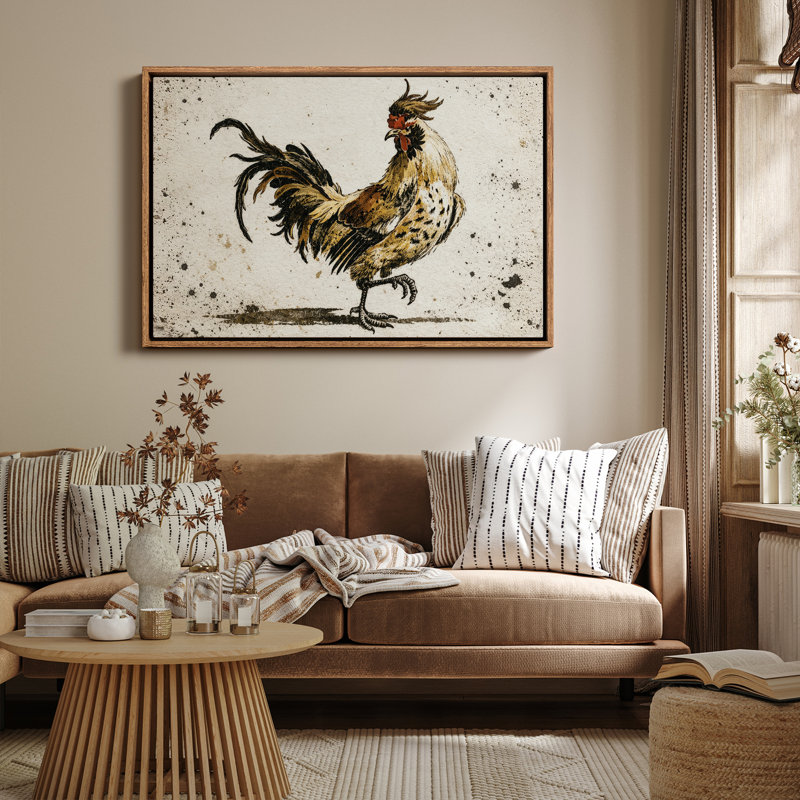 Illustration de coq expressif avec personnage de ferme rustique, impression encadrée, H 24 po x l 36 po, Naturel