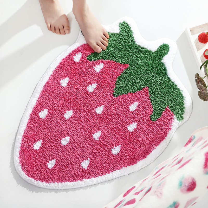  Pink Strawberry Bathroom Rugs, Luxury Absorbent Non Slip Washable Bathroom Mats, Fruit Shaped Fun Plush Bathtub Rug Shower Rugs For Home Decor