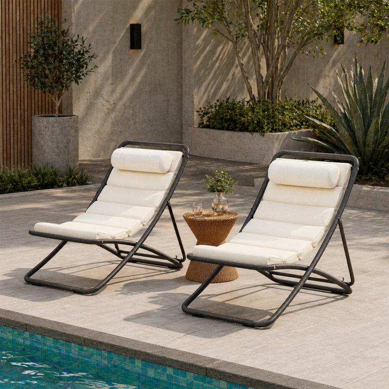 Chaise longue pliante en corde tissée noire 2 pièces avec dossier réglable et coussins d'appui-tête détachables Coastal