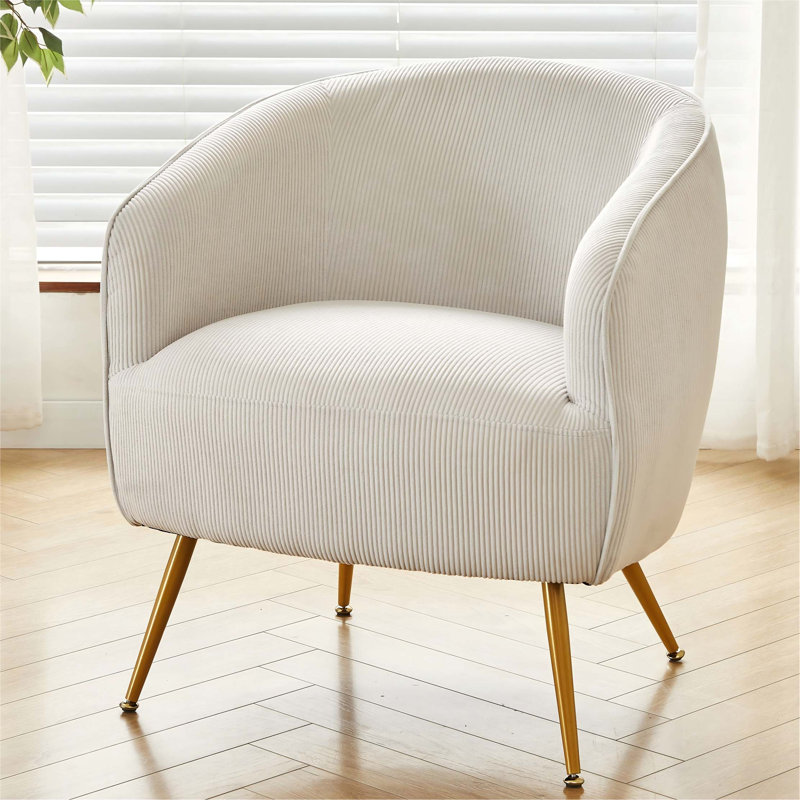 Fauteuil demi-tonneau en velours côtelé moderne avec pieds en métal doré pour le confort du salon, Beige