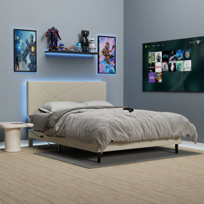 Premium Upholstered Bed Frame with USB Type-C Port Charing Station LED Light Strip for Hotels Apartments and Gaming Stays by 39F inc