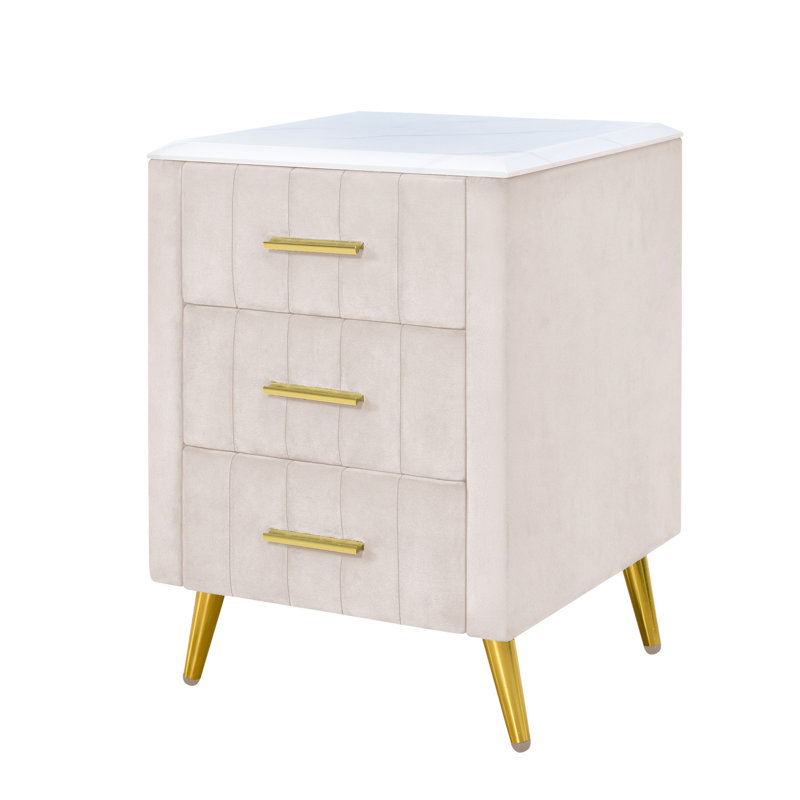 Upholstered Wooden Nightstand With 3 Drawers And Metal Legs&Handles, Bedside Table With Marbling Stickers Worktop - Beige
