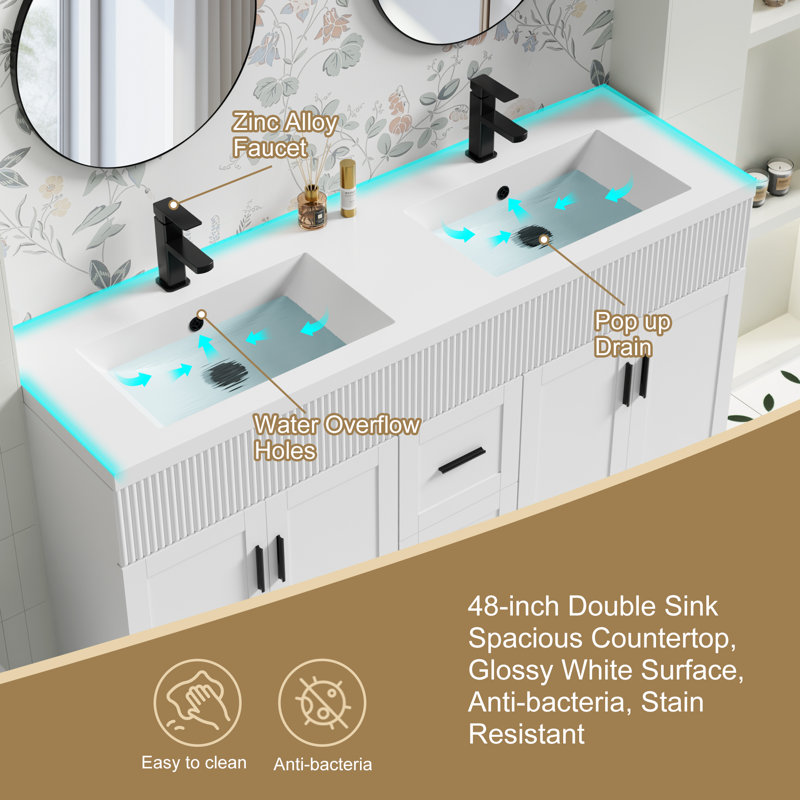 Breonica Shavon 60" Double Sink Bathroom Vanity With Resin Top, Zinc Alloy Faucet, Hand Painted, EPA certificate, White