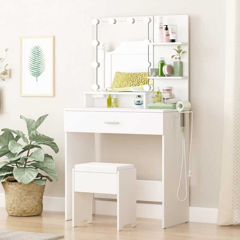 Ensemble coiffeuse 31,45 "avec miroir lumineux et tabouret, Blanc