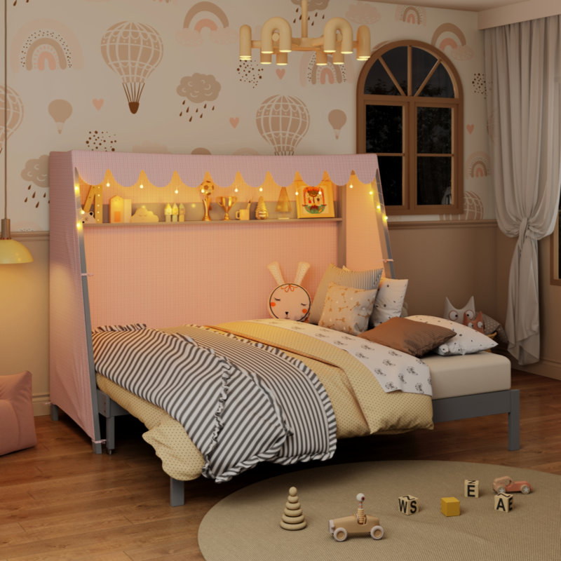 Lit maison avec lit gigogne, tablette, tente et lumière, Grey