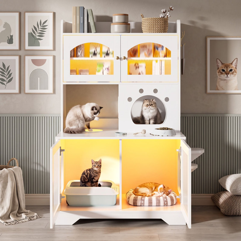 Maison pour chat d'intérieur avec armoire de rangement, bac à litière, lumière DEL 3 couleurs et portes en acrylique ondulées