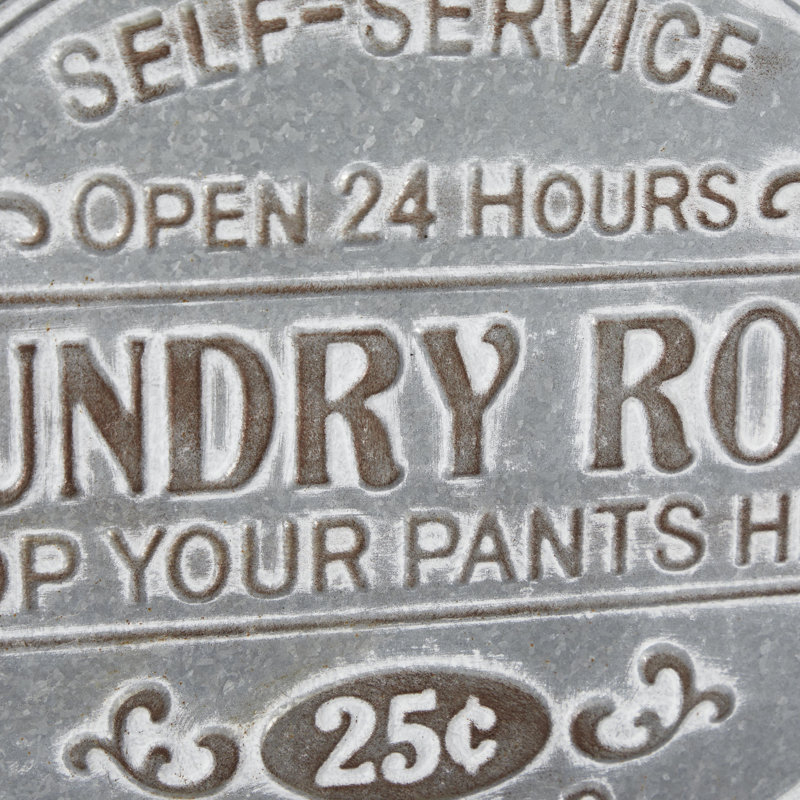 Gray Metal Sign Laundry Room Wall Decor with Brown Wood Hanger
