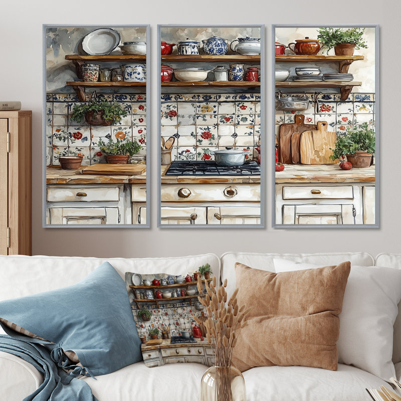 Country Kitchen Rustic Dream II - ensemble de reproductions d'art mural de cuisine, Toile argentée avec cadre flottant