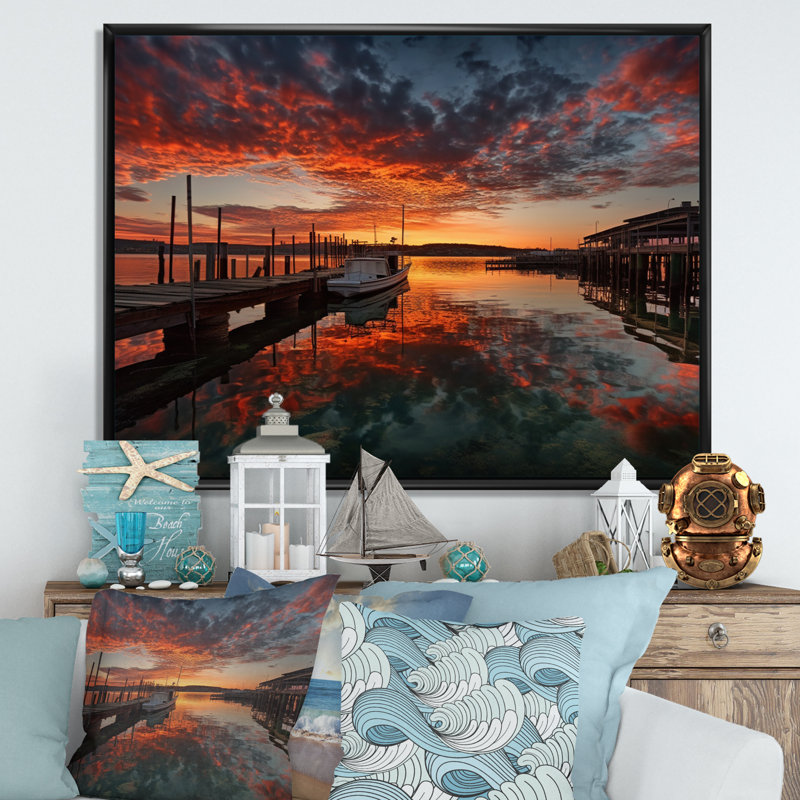 " Sunset Over Port II ", 12" H x 20" W x 1" D, Black Floater Framed