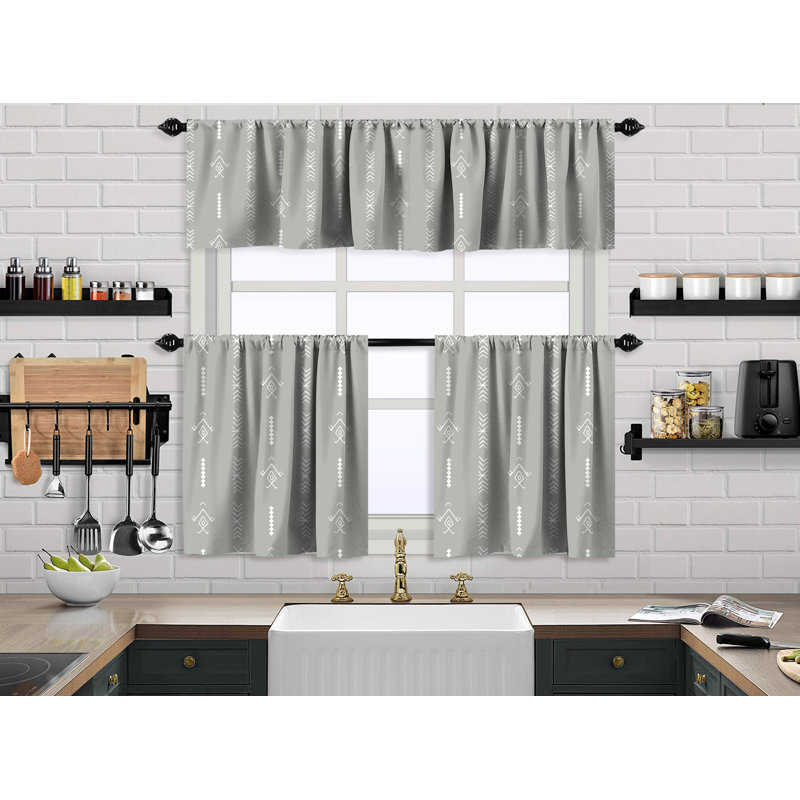 Boho Design Kitchen Valance (50X14) And 2 Tiers Cafe Curtains, Gray, 24" W x 36" L