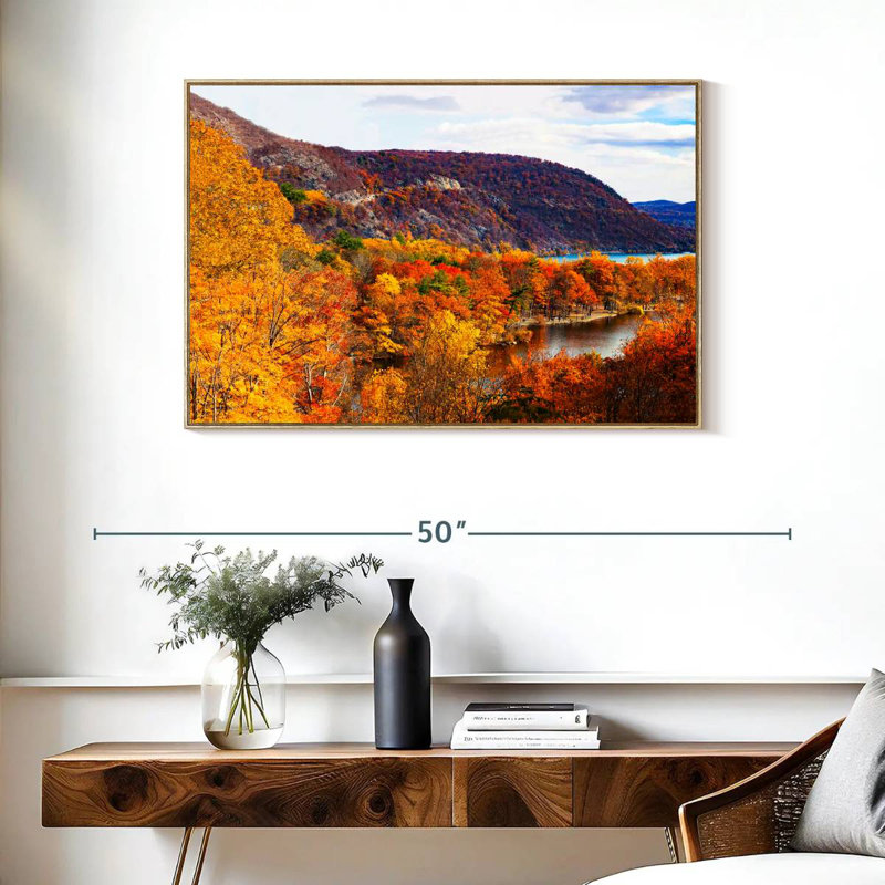 Paysage d'automne avec ours, Cadre flottant en bois naturel, 37 po x 25 po
