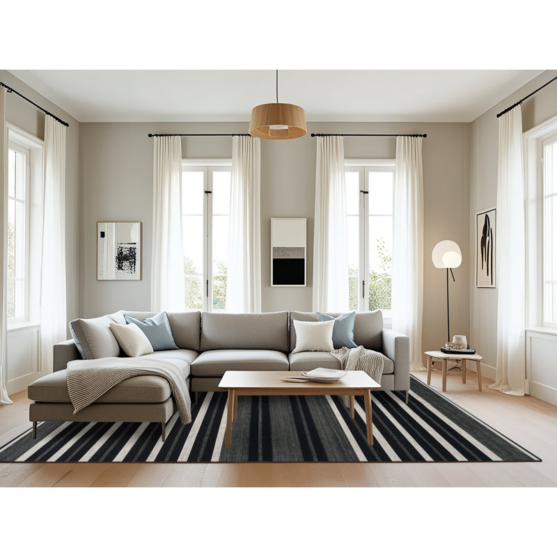 Tapis noir à rayures horizontales lavable à la machine, Rectangle 8 pi x 10 pi