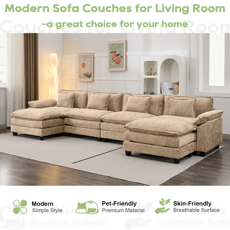 Adonia 154" Oversized U Shaped Sectional Sofa, Comfy Cloud Couch Deep Sectional Sofa With Ottomans For Living Room